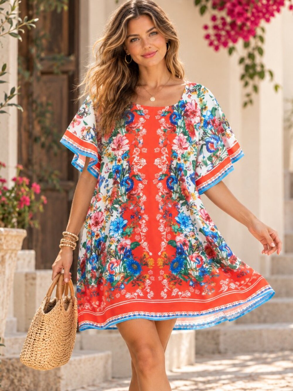Umgee Dress Womens S Orange Floral Boho Shift Short Ruffle Sleeve Colorful